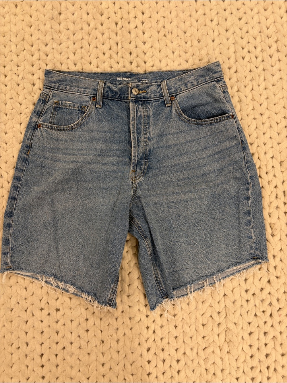 Old Navy Mid Ride Baggy Denim Cutoff Shorts with Frayed Hem 9” Inseam